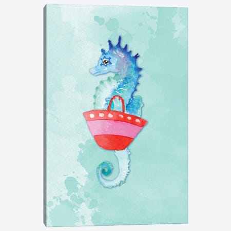 Seahorse With Bag on Watercolor (blue) Canvas Print #LNL691} by Lanie Loreth Canvas Artwork