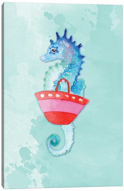 Seahorse With Bag on Watercolor (blue) Canvas Art Print - Seahorse Art