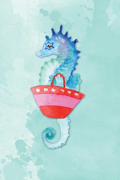 Lanie Loreth: Seahorse With Bag on Watercolor (blue) by Lanie Loreth