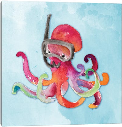 Snorkeling Octopus on Watercolor Canvas Art Print