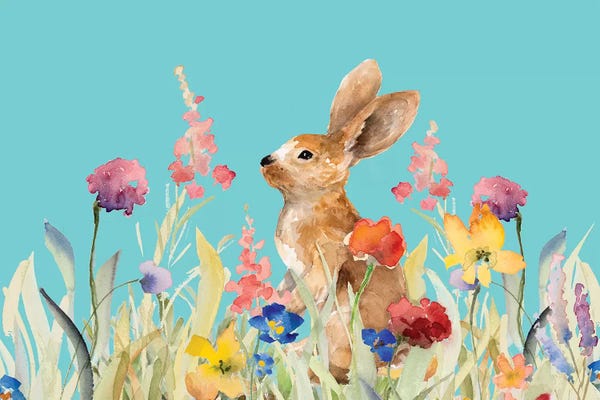 Rabbits: Amongst the Flowers on Teal I by Lanie Loreth