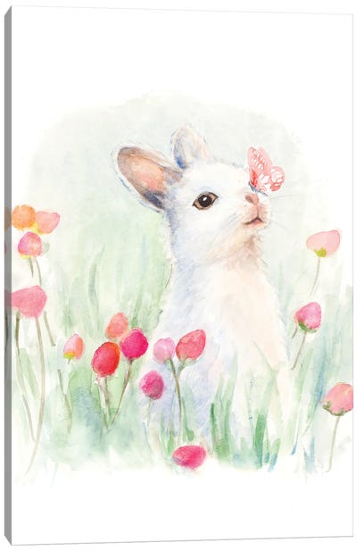 White Bunny and Butterfly Canvas Art Print - Easter Art