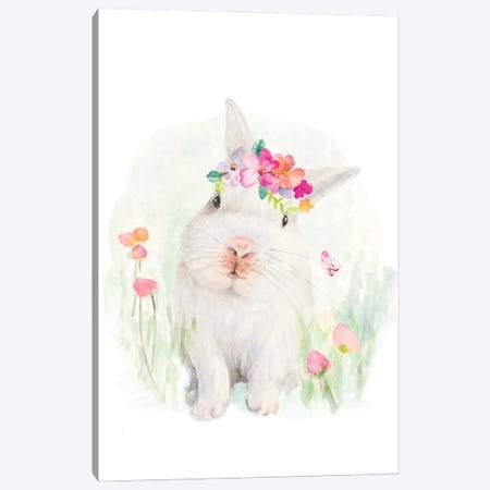 White Bunny With Flower Bonnet Canvas Print #LNL726} by Lanie Loreth Art Print