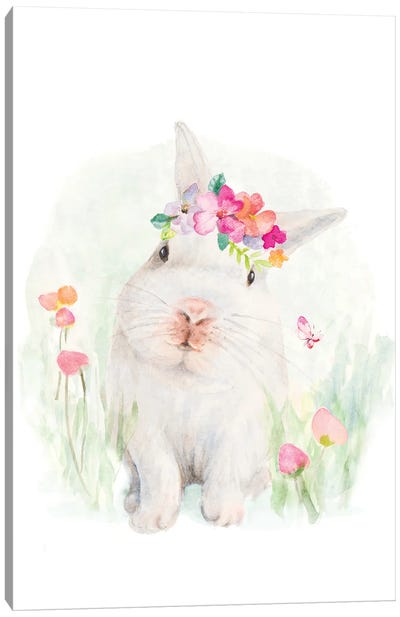 White Bunny With Flower Bonnet Canvas Art Print - Rabbit Art
