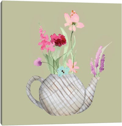 Floral In A Striped Vase I Canvas Art Print - Cream Art
