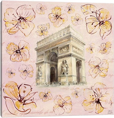 Golden Paris On Floral II Canvas Art Print - Arc de Triomphe