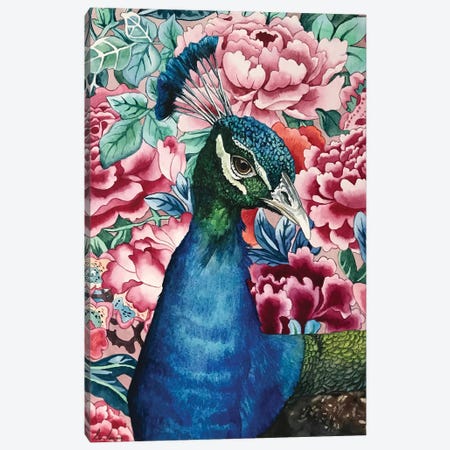 Peacock With Flowers Canvas Print #LNN34} by Lisa Lennon Art Print