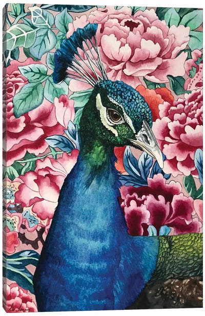 Peacock With Flowers Canvas Art Print - Lisa Lennon