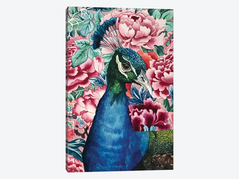 Peacock With Flowers by Lisa Lennon 1-piece Canvas Print