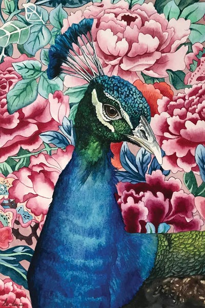 Lisa Lennon: Peacock With Flowers by Lisa Lennon