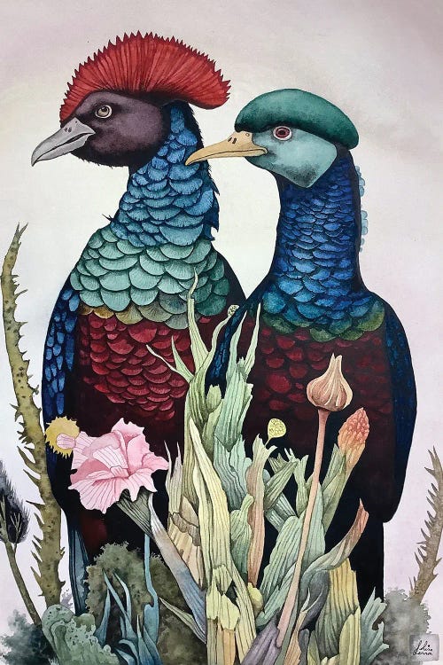 Red And Blue Crested Birds