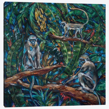 Three Green Monkeys Canvas Print #LNO102} by Linda Olsen Canvas Art