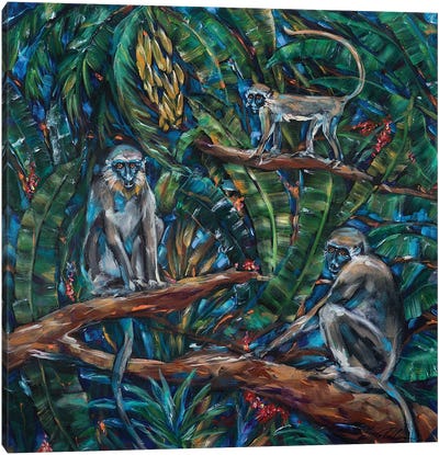 Three Green Monkeys Canvas Art Print - Linda Olsen