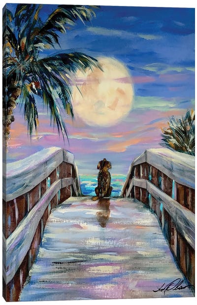 Dog And Moon Canvas Art Print - Nautical Art