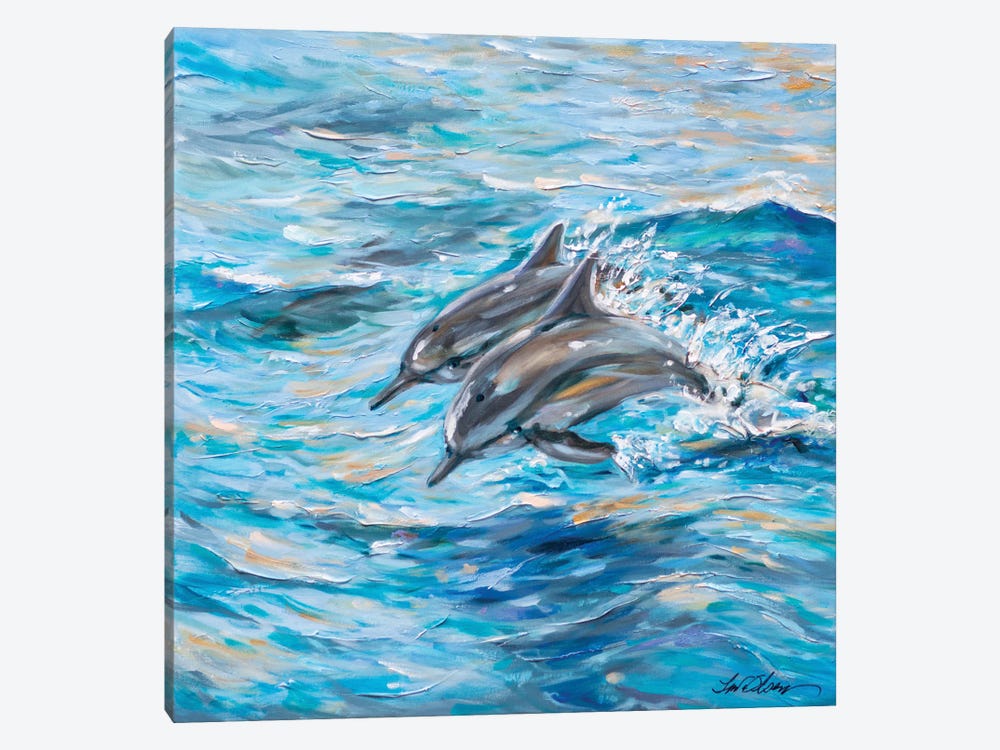 Dolphins Jumping by Linda Olsen 1-piece Art Print