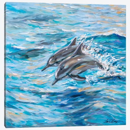 Dolphins Jumping Canvas Print #LNO11} by Linda Olsen Canvas Print