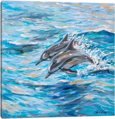 Dolphins Jumping Canvas Art Print - Linda Olsen