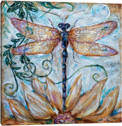 Dragonfly In Garden Canvas Art Print - Linda Olsen