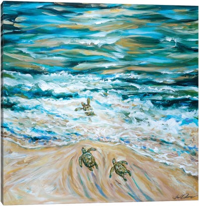 Baby Sea Turtles' First Plunge Canvas Art Print - Linda Olsen