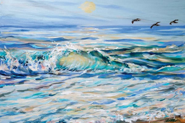 Linda Olsen: Summer Surf Pelicans by Linda Olsen