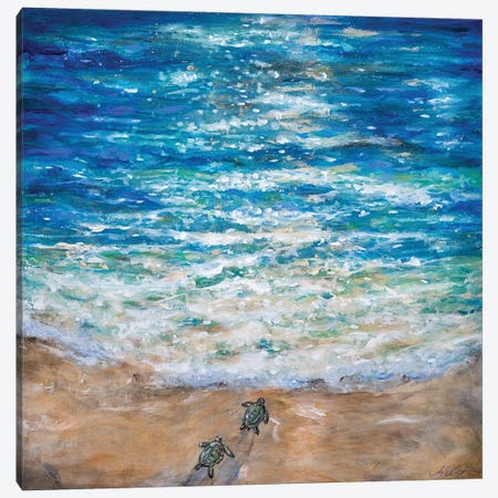 Sea Turtle First Plunge Canvas Print #LNO83} by Linda Olsen Canvas Art