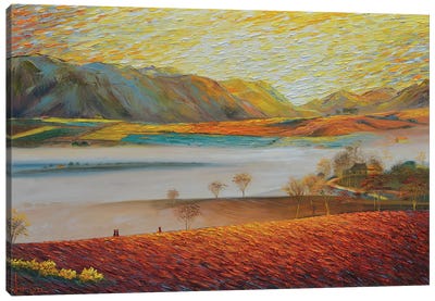 Dawn On The Farm Canvas Art Print - Mountain Sunrise & Sunset Art