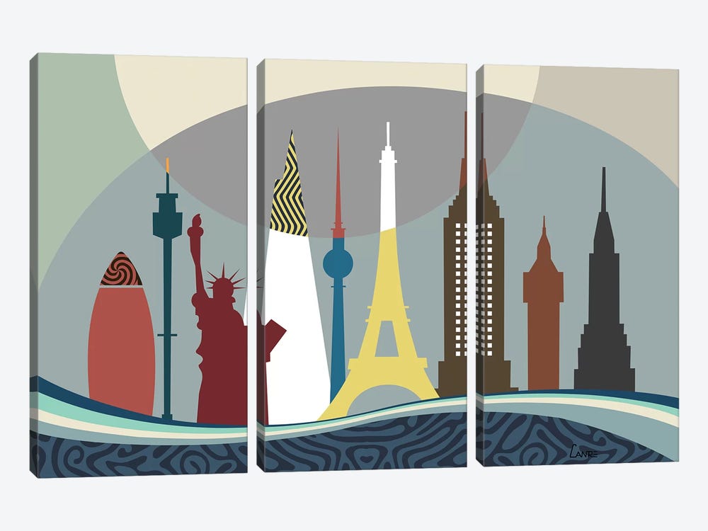 World Travel Landmarks by Lanre Studio 3-piece Canvas Art Print