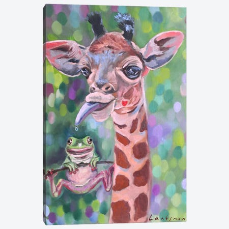 Two Amigos. Giraffe And A Frog Canvas Print #LNX12} by Jane Lantsman Canvas Artwork