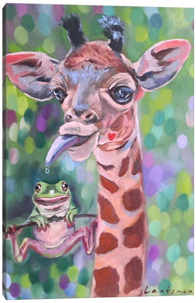 Two Amigos. Giraffe And A Frog Canvas Art Print - Frog Art