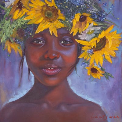 African American Girl With Sunflowers by Jane Lantsman canvas print