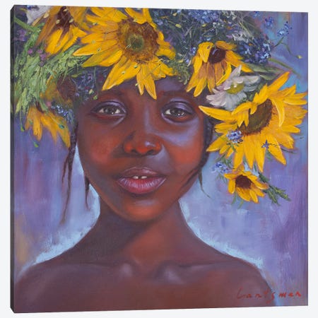 African American Girl With Sunflowers Canvas Print #LNX13} by Jane Lantsman Canvas Artwork