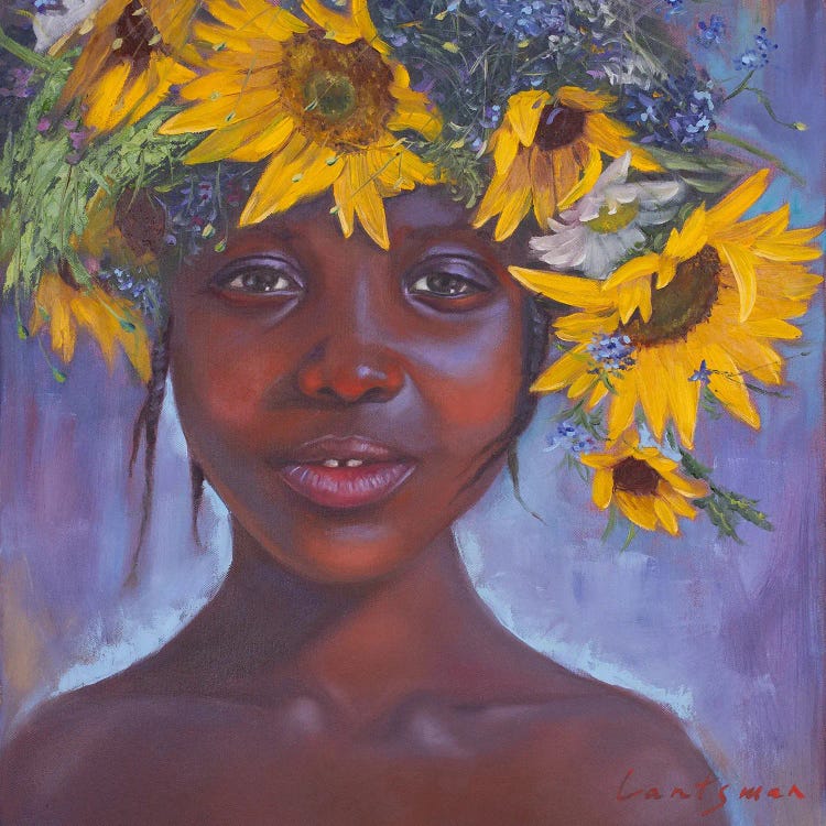 African American Girl With Sunflowers