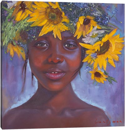 African American Girl With Sunflowers Canvas Art Print - Jane Lantsman