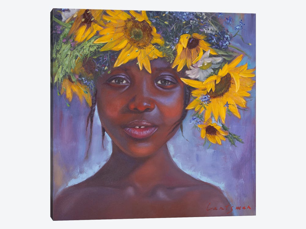 African American Girl With Sunflowers by Jane Lantsman 1-piece Canvas Art Print
