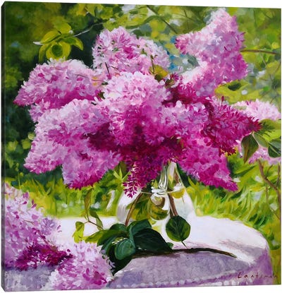 Lilac Bouquet In A Glass Vase In The Garden Canvas Art Print - Jane Lantsman