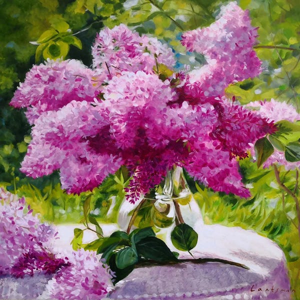 Lilacs: Lilac Bouquet In A Glass Vase In The Garden by Jane Lantsman