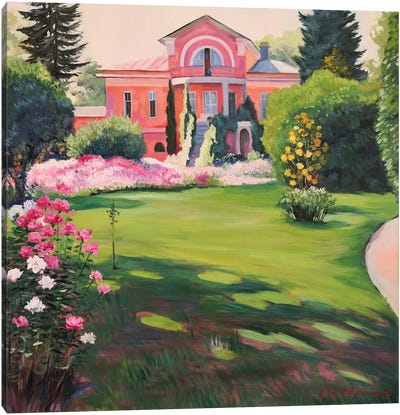 Impressionist Landscape With Manor And A Garden Full Of Flowers Canvas Art Print - Barbiecore