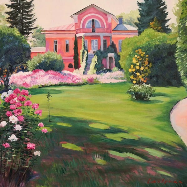 Barbiecore: Impressionist Landscape With Manor And A Garden Full Of Flowers by Jane Lantsman