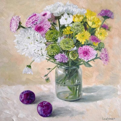 Asters Flowers Bouquet In A Glass Vase by Jane Lantsman art print