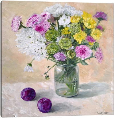Asters Flowers Bouquet In A Glass Vase Canvas Art Print