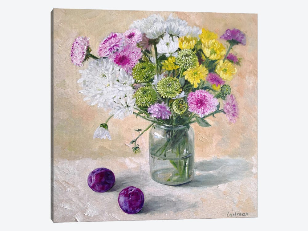Asters Flowers Bouquet In A Glass Vase by Jane Lantsman 1-piece Art Print