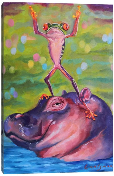 Dancing Frog On A Hippo Head Canvas Art Print - Hippopotamus Art