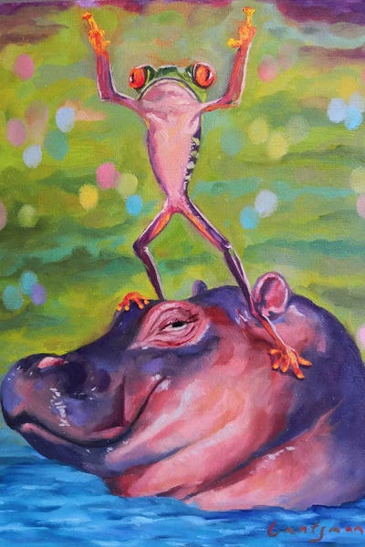Hippopotamuses: Dancing Frog On A Hippo Head by Jane Lantsman