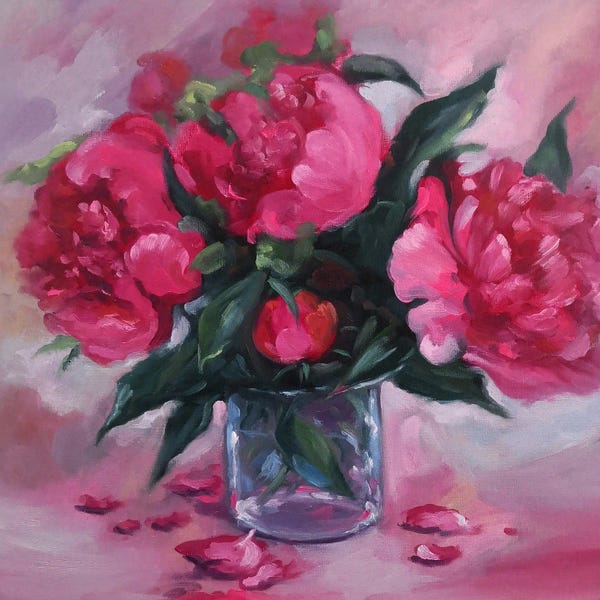 Jane Lantsman: Pink Peonies In A Glass Vase by Jane Lantsman