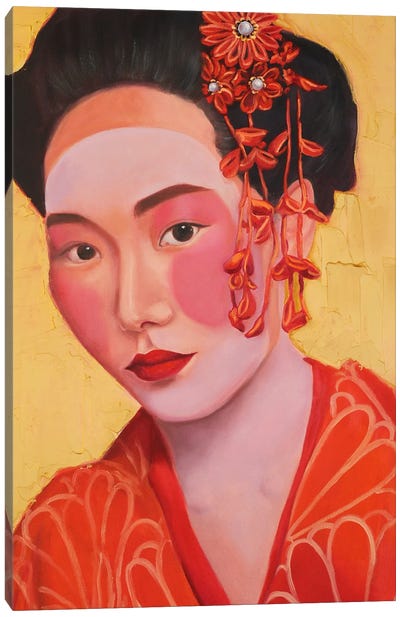 Geisha In Kimono On A Gold Background I Canvas Art Print - Lips Art