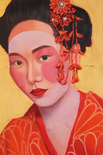 Floral & Botanical Patterns: Geisha In Kimono On A Gold Background I by Jane Lantsman