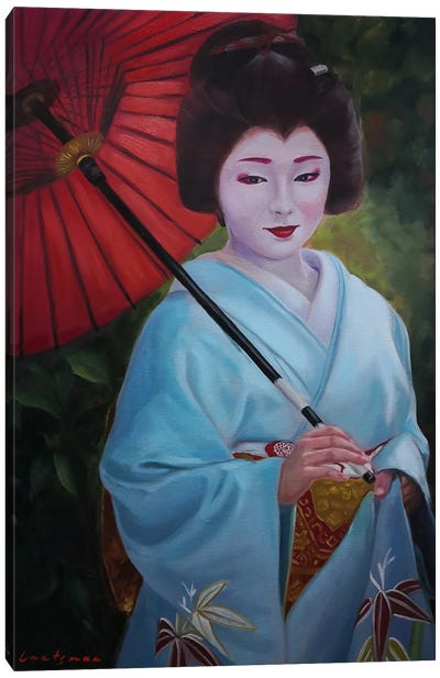 Geisha With Umbrella Canvas Art Print - Jane Lantsman