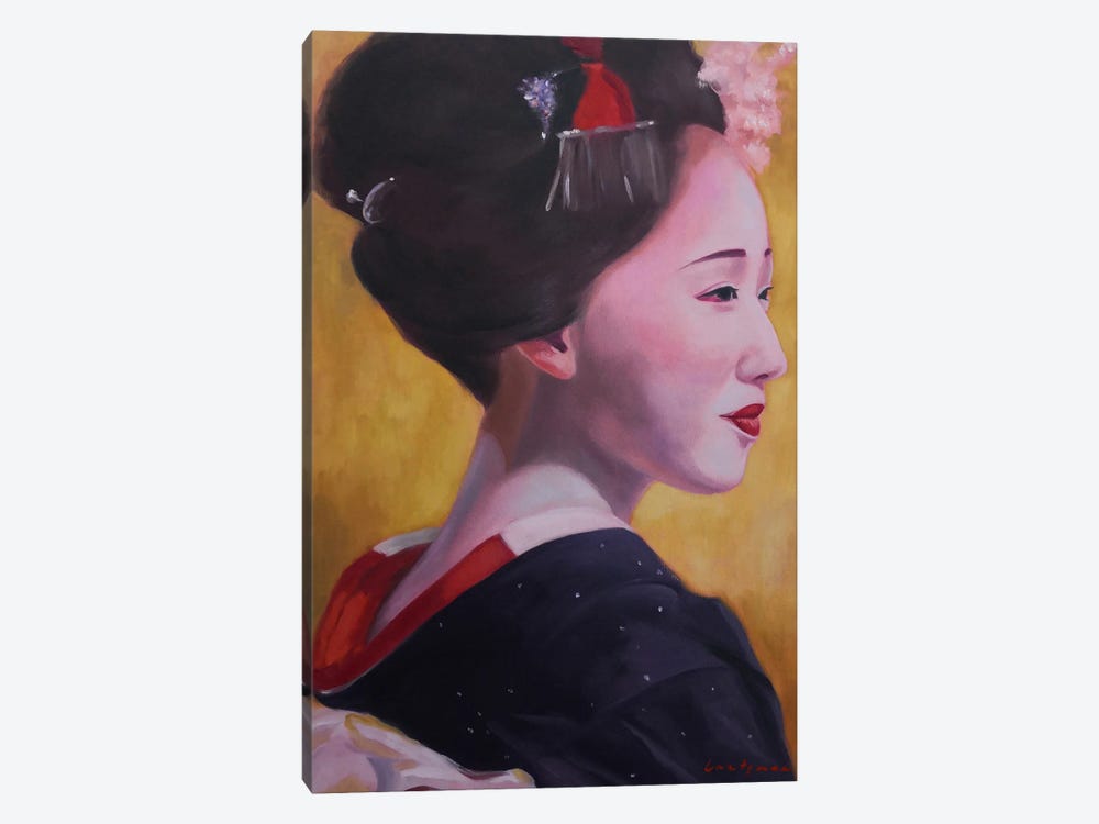 Geisha In Kimono On A Gold Background III by Jane Lantsman 1-piece Canvas Wall Art
