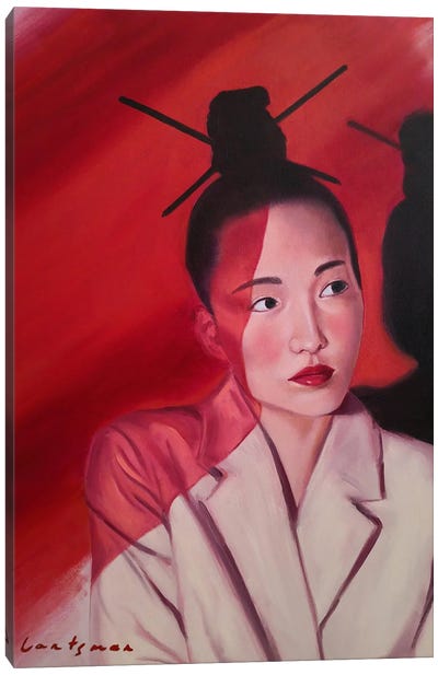 Japanese Woman Portrait In Red Colors Canvas Art Print - Make-Up Art