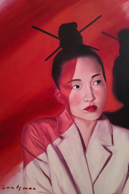 Japanese Woman Portrait In Red Colors